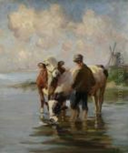 Hutejunge Mit Zwei Rindern An Der
 Tranke. Oil Painting by Johann Daniel Holz