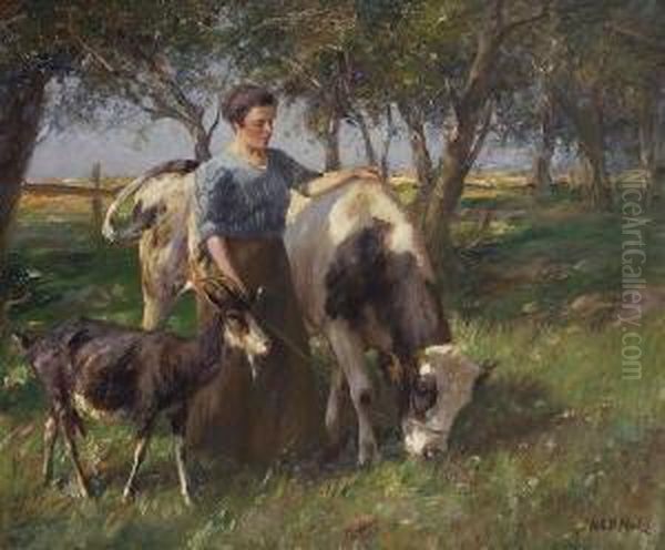 Bauerin Mit Kuh Und
 Ziege. Oil Painting by Johann Daniel Holz
