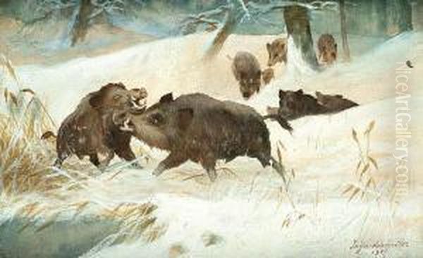 Dziki Na Sniegu Oil Painting by Juliusz Holzmutller