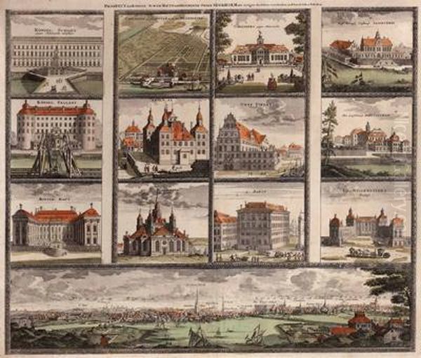 Kupferstich-tableau Mit 13 
Kleinen Ortsansichten Und Einer Blattbreiten Grosen Ansicht Von Westen Oil Painting by Johan Baptist Homann