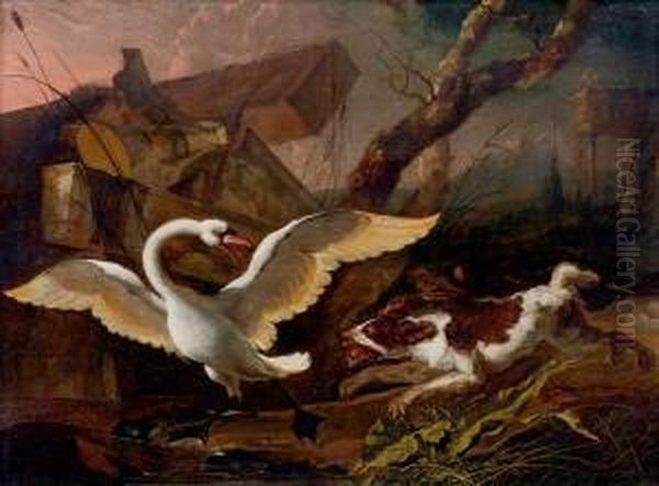 Chien Poursuivant Un Cygne Dans Un Paysage Oil Painting by Abraham Danielsz. Hondius