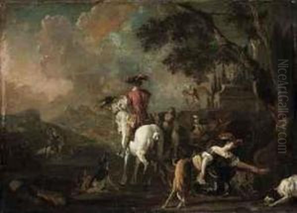A Hawking Party In A Wooded Landscape Oil Painting by Abraham Danielsz. Hondius