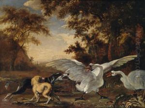 Due Cani Da Caccia Abbaiano A Due Cigni In Un Paesaggio Boschivo Oil Painting by Abraham Danielsz. Hondius