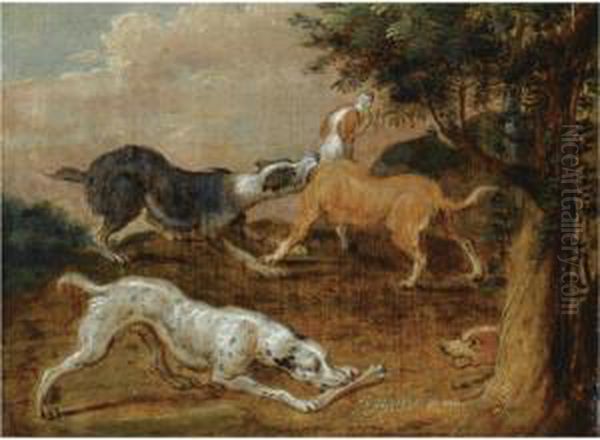 Four Hounds In A Wooded Landscape Oil Painting by Abraham Danielsz. Hondius