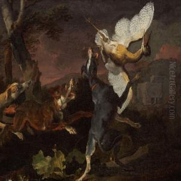 A Landscape With Hounds Chasing A Heron Oil Painting by Abraham Danielsz. Hondius