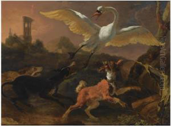 Three Hounds Chasing A Swan In A Landscape, A View Of A Ruinbeyond Oil Painting by Abraham Danielsz. Hondius