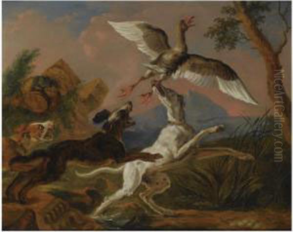 Three Hounds Chasing A Nesting Wild Goose In A Hillylandscape Oil Painting by Abraham Danielsz. Hondius