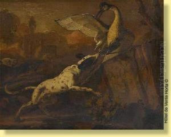 Meute De Chiens Et Heron Oil Painting by Abraham Danielsz. Hondius