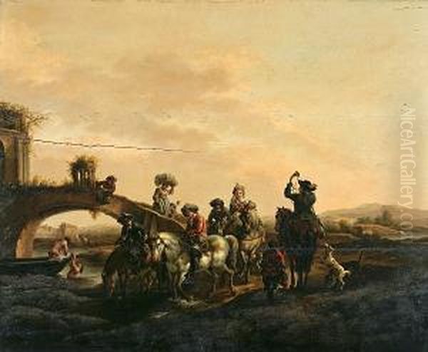 A Hawking Party Crossing A Bridge Oil Painting by Abraham Danielsz. Hondius