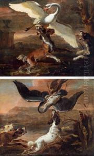 Due Cani Che Cacciano Un Cigno Oil Painting by Abraham Danielsz. Hondius