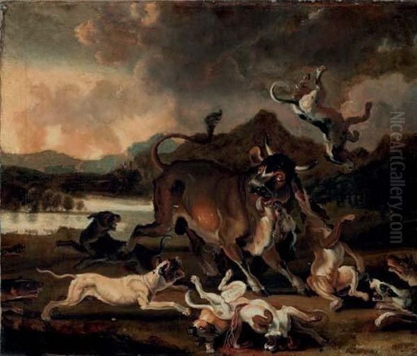 Hounds Attacking A Bull In A River Landscape Oil Painting by Abraham Danielsz. Hondius