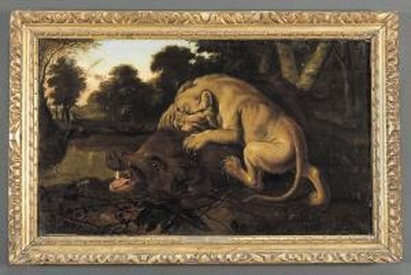 Leone Che Azzanna Un Cinghiale Oil Painting by Abraham Danielsz. Hondius