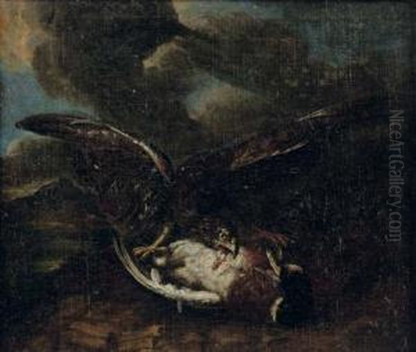A Bird Of Prey Attacking A Duck Oil Painting by Abraham Danielsz. Hondius