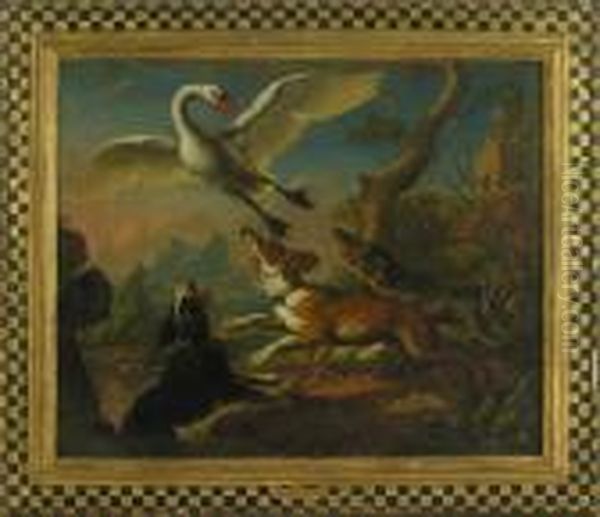 Hounds Putting Up A Nesting Swan; Hounds Capturing A Nesting Goose Oil Painting by Abraham Danielsz. Hondius