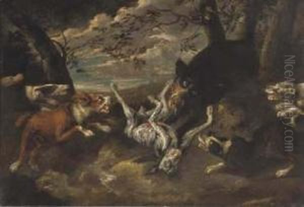 Cani Inferociti Contro Un Cinghiale Oil Painting by Abraham Danielsz. Hondius
