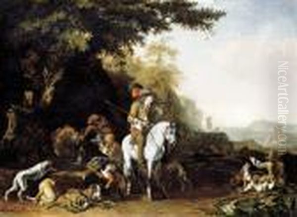 An Extensive Landscape With A 
Hunting Party Resting By A Water Trough And A Sportsman Shooting Oil Painting by Abraham Danielsz. Hondius