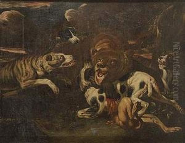 Oso Acosado Por Perros Oil Painting by Abraham Danielsz. Hondius