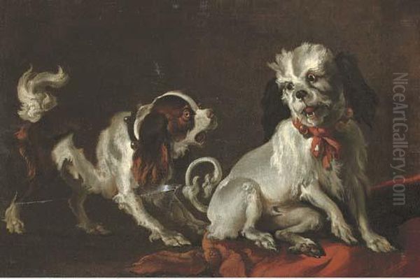 A King Charles Cavalier Spaniel And Another Dog In An Interior Oil Painting by Abraham Danielsz. Hondius