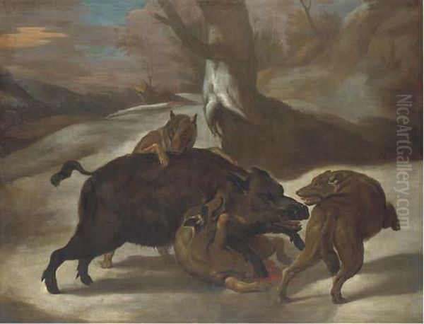 Wolves Attacking A Boar In A Wooded Landscape Oil Painting by Abraham Danielsz. Hondius