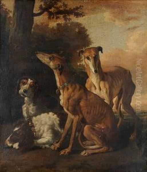 Two Greyhounds With A Setter And A Hound In A Landscape Oil Painting by Abraham Danielsz. Hondius