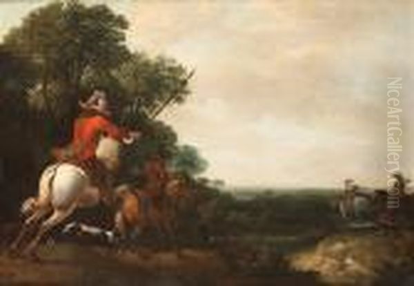 A Landscape With A Hunting Party By A Stream Oil Painting by Abraham Danielsz. Hondius