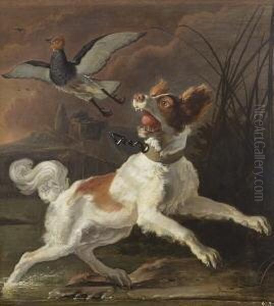 Jagdhund Mit Aufgestobertem Vogel
 Im Schilf. Oil Painting by Abraham Danielsz. Hondius