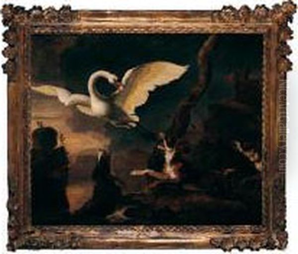 River Landscape With Dogs Attacking A Swan Oil Painting by Abraham Danielsz. Hondius