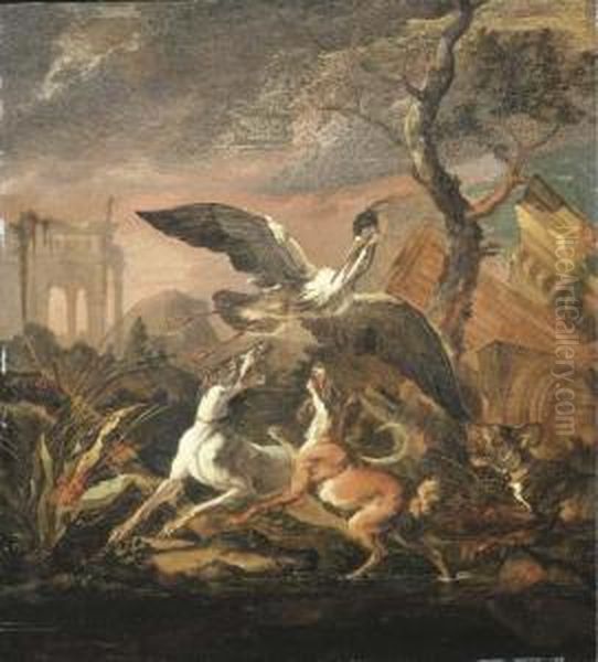 An Evening Landscape With Dogs Flushing A Heron Oil Painting by Abraham Danielsz. Hondius