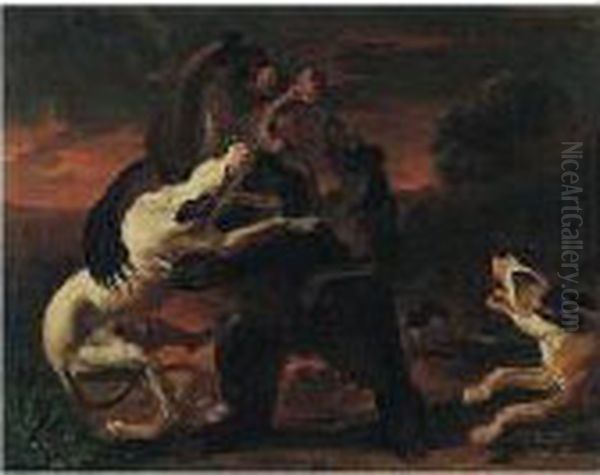 Hounds Attacking A Bear In A Landscape Oil Painting by Abraham Danielsz. Hondius