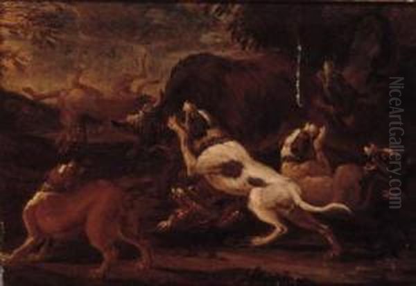 Hounds Attacking Lions; And Hounds Attacking A Bull Oil Painting by Abraham Danielsz. Hondius