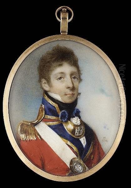Lieutenant And Captain The Hon. 
William George Crofton (d.1814), Wearing The Uniform Of The Coldstream 
Guards, Scarlet Coat With Gold Edged Blue Facings And Collar, Gold 
Epaulette, White Crossbelt With Regimental Belt Plate, Gilt Gorget And 
Black  Oil Painting by Horace Hone