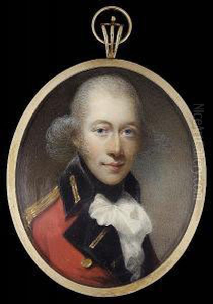 Lieutenant Sir Richard Mcquire, 
Wearing The Uniform Of The 61st Foot (south Gloucestershire Regiment), 
Scarlet Coat With Black Facings, Gold Epaulette, Black Stock And Frilled
 White Cravat Oil Painting by Horace Hone