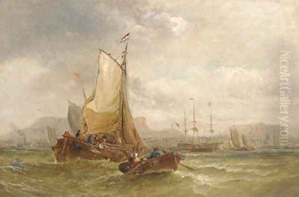 Congested coastal waters with a Dutch barge making ready to enter a busy harbour Oil Painting by George Chambers