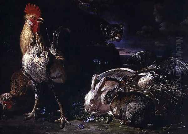 A Cat Watching Rabbits and Fowl Oil Painting by David de Coninck