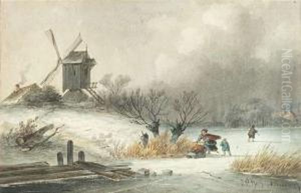 Hoppenbrouwers, Johannes 
Franciscus . Wintry Landscape With A Windmill And Walkers On A Frozen 
Lake Oil Painting by Johannes Franciscus Hoppenbrouwers