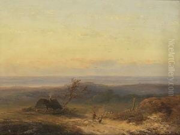 Schafer Mit Herde In Weiter
 Landschaft. Oil Painting by Johannes Franciscus Hoppenbrouwers