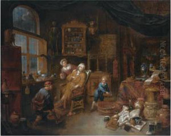 A Doctor's Interior With A 
Doctor Treating A Patient's Ankle, Together With A Woman Offering A 
Drink And A Little Boy Nearby, A Still Life Of Books, Jugs, Pots And A 
Skull To The Right Foreground Oil Painting by Jan Josef, the Elder Horemans