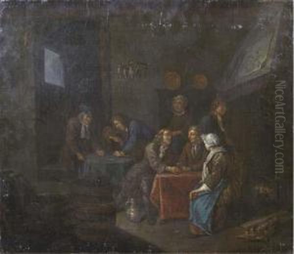 A Tavern Interior With Figures 
Drinking, Smoking And Playing A Game Near An Open Fireplace Oil Painting by Jan Josef, the Elder Horemans