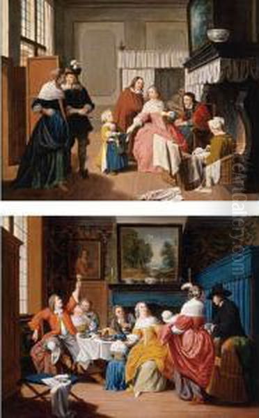 Interior Scene With Figures By A
 Hearth; Interior Scene With Figures Gathered Around A Table Oil Painting by Jan Josef, the Elder Horemans