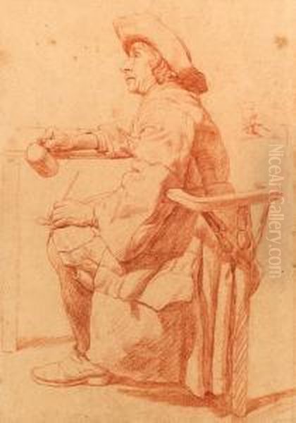 A Man Seated At A Table Holding A
 Pul And A Pipe, A Subsidiarystudy Of His Hand Holding A Glass Oil Painting by Jan Josef, the Elder Horemans