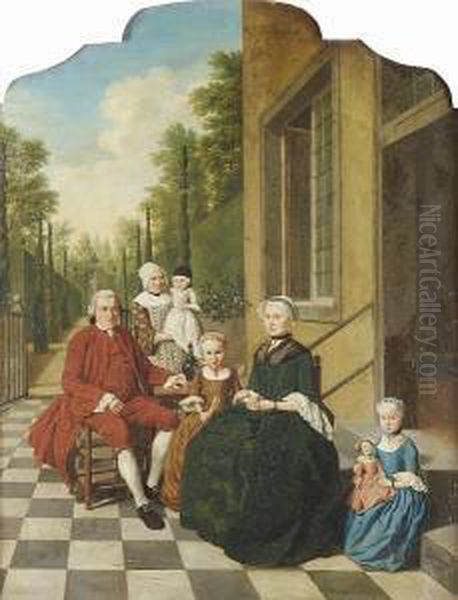 A Group Portrait Of A Gentleman 
And His Wife With Their Two Daughters And A Maid Holding An Infant In A 
Courtyard, A View To An Avenue Of Trees Beyond Oil Painting by Jan Jozef, the Younger Horemans