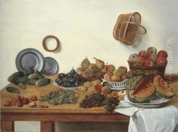 A Sliced Melon, Apples, Pears, 
Plums, Gherkins By Two Pewterplates, With Nuts And Black And White 
Grapes By A White Cloth On Atable With A Wicker Basket Hanging From A 
Wall Oil Painting by Jan Jozef, the Younger Horemans
