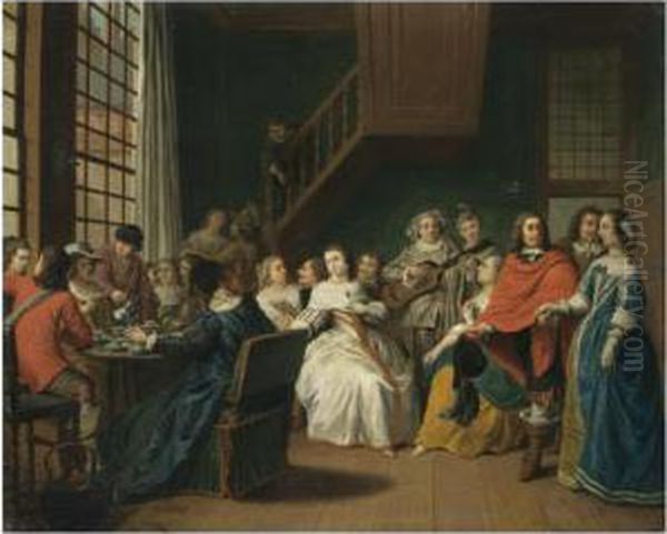 A Domestic Interior With Elegant Figures Taking Tea Before Others Performing A Play Oil Painting by Peter Jacob Horemans