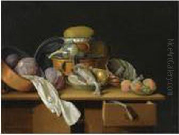 A Kitchen Still Life With 
Cabbages In A Pewter Pot, A Cauliflower On A Pewter Plate, A Chicken And
 A Pear In A Bowl, Peaches And Grapes In A Bowl, All On A Wooden Table Oil Painting by Peter Jacob Horemans