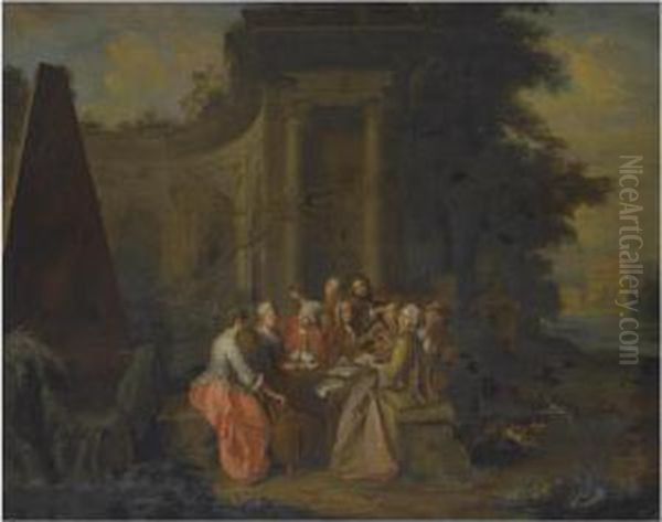 An Elegant Musical Company Beside Classical Ruins Oil Painting by Peter Jacob Horemans