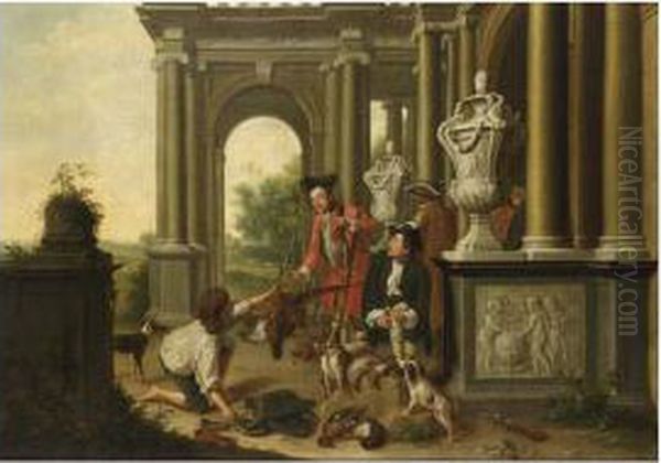 The Successful Hunt: An Elegant 
Hunting Party Near A Classical Building With A Sleeping Sportsman To The
 Foreground And A Staghunt To The Background Oil Painting by Peter Jacob Horemans