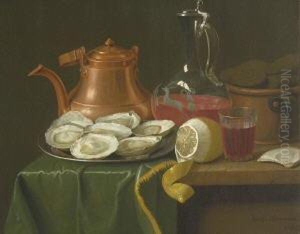 Stillleben Mit Austern, Zitrone,
 Weinkaraffe Und -glas Sowie Kupfergeschirr. Oil Painting by Peter Jacob Horemans