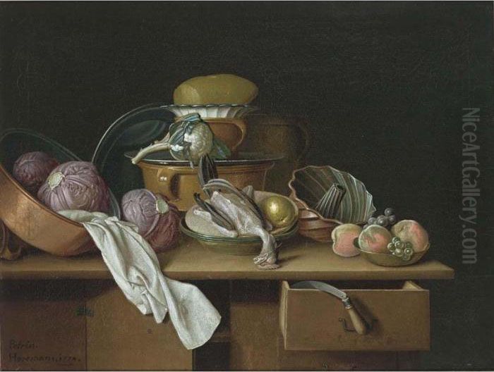A Kitchen Still Life With 
Cabbages And A Cauliflower In Pewter Pots, A Chicken And A Pear In A 
Bowl And Peaches And Grapes In A Bowl, All On A Wooden Table Oil Painting by Peter Jacob Horemans