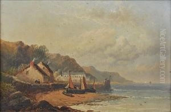 Figures And Beached Fishing 
Vessels On The Shore, Before A Row Of Cottages, Signed, Oil On Canvas Oil Painting by Joseph Horlor