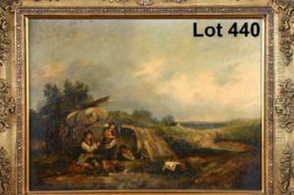 Study Of A Gypsy Encampment 
Onmoorland Setting With Family, Children And Dogs, Cottage In The 
Farground Oil Painting by Joseph Horlor